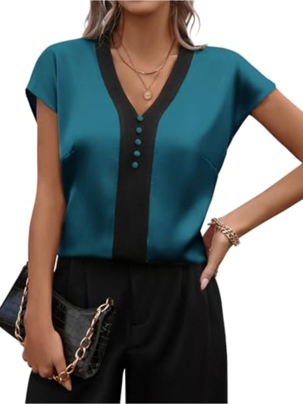 Fayenne Women's Satin Silk Color Block Short Sleeve V-Neck Blouse Business